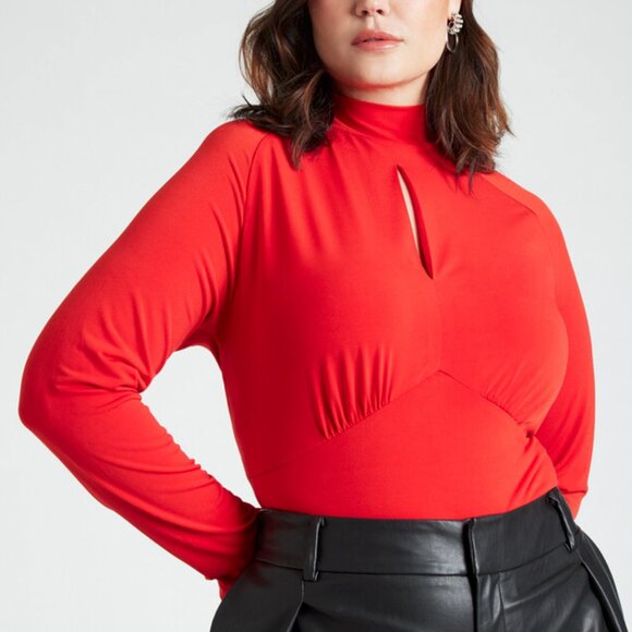 Mock Neck Top With Keyhole -  Tango Red - Picture 1 of 7